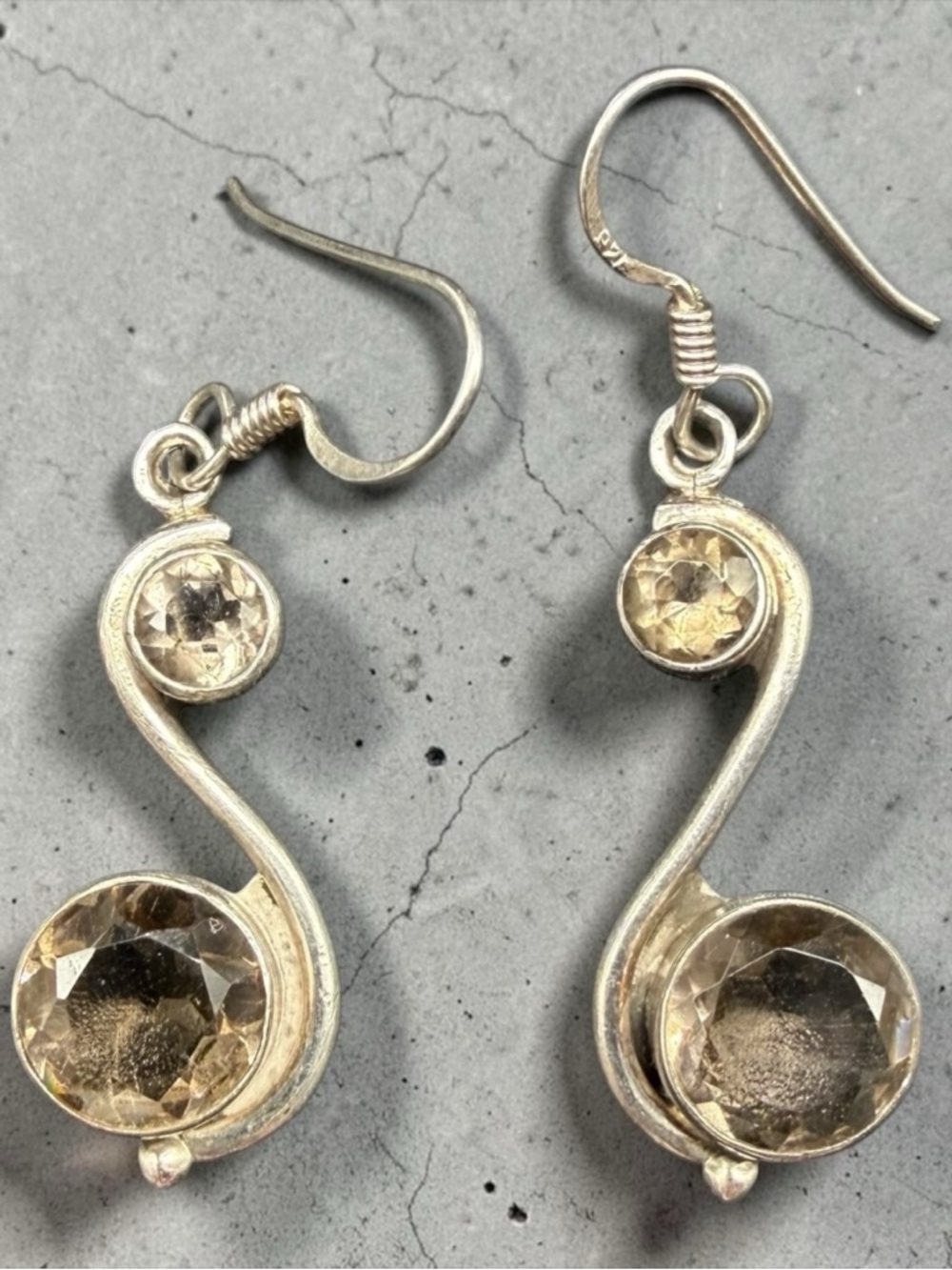 925 Sterling Silver Smokey Quartz And Glass Modernist Dangle Drop Hook Earrings